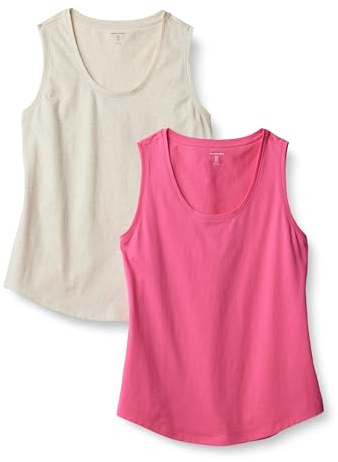 Amazon Essentials Top Sin Mangas 100% Algodón de Corte Estándar Mujer, Pack de 2, Avena Mezcla/Rosa Intenso, L