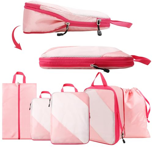 AiQInu Packing Cubes Compression, 5 Stück Packtaschen Kompression Koffer Organizer Set mit Wäschebeutel und Schuhbeutel Ultraleicht, Erweiterbar, Reisepack Organizer für Handgepäck (Pink)