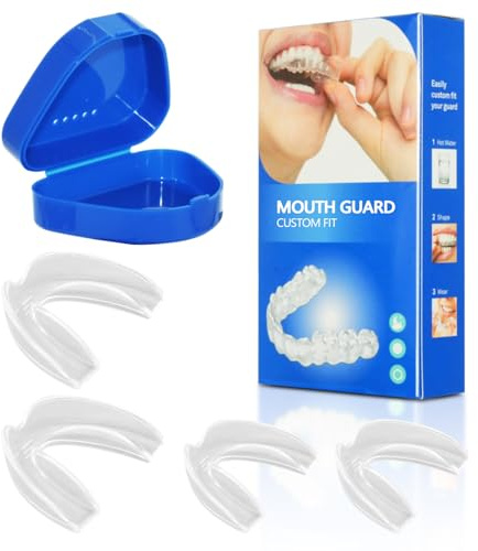 Jomdjmskes 4 Piezas Ferula Descarga Bruxismo, Bruxismo Dental Noche in 2 Tamaños, Protector Bucal Dormir, Mouth Guard, Protectores de Boca Moldeables, Kit de Protección Dental, Férula Dental Descarga