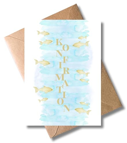 WBdesignz Konfirmationskarte mit Umschlag - mit Fisch-Motiv & Wasser-Aquarell – religiöse Grußkarte zur Konfirmation für Jungen & Mädchen - christlich & stilvoll (DIN A6)