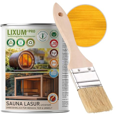 LIXUM PRO 100% biologische & natürliche BIO Sauna & Fasssauna Holzlasur - Holzschutz & Holzpflege, Farbe: Gelb 0.10, Inhalt:335 ml (ca.10m²)