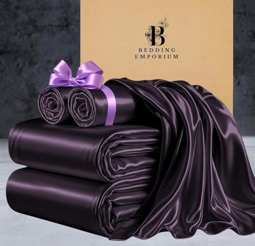 Mulberry Silk Satin 4-Piece Duvet Cover Set – Luxury Hotel Bedding – Includes Zippered Duvet Cover, Fitted Sheet & 2 Pillowcases – Soft, Wrinkle-Resistant, Affordable Elegance(Mehroon Wine,Queen)
