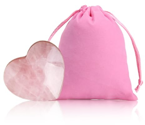 YUVKIN Quartz Rose Grand Cristal Coeur Pierre de Massage Pierre de Guérison Forme de Coeur pour Réduire le Stress Amour Pierre Cadeau pour Maman (50mm) livré avec pochette en velours rose