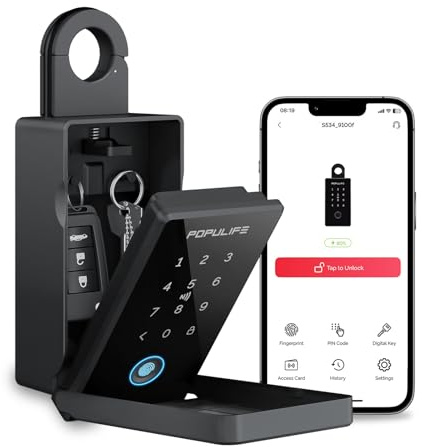 Populife Fingerprint Key Lock Box with Code, Smart Key Safe for Outside, Wireless Remote Access Key Box for Home, Office & Realtor Airbnb, Work Offline, Waterproof