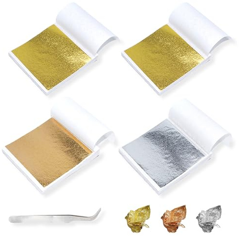 PYSEOSISE Pan de Oro para Manualidades, 400 Hojas Pan de Oro de Imitación, Gold Leaf con Pinza para DIY Uñas Resina Pintura Dorado Decoración Muebles