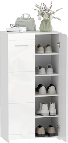 HOMCOM Schuhschrank mit 2 Türen, 5 Ebenen, 55 x 36 x 108 cm, Hochglanz Weiß | Schuhaufbewahrung, Flurschrank mit Verstellbaren Ablagen, Schuhkommode für 10 Paar, Flur, Eingangsbereich
