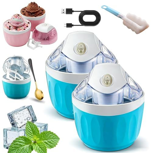 Mini Heladera Doméstica, Mini Máquina para Hacer Helados Caseros (DIY) con Cuchara, Preparador de Postres de un Solo Toque, Porción Individual de Gelato y Yogur Helado (Blue-B,2PCS)