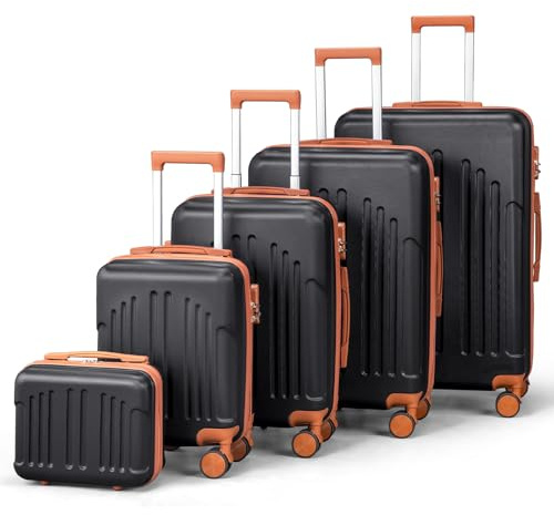 LEADZM Set di Valigie Rigide 5 Pezzi con Beauty Case, Set Valigie in ABS, Luggage Suitcase Grande 23 kg con 4 Ruote Girevoli Doppie (Nero-Marrone)