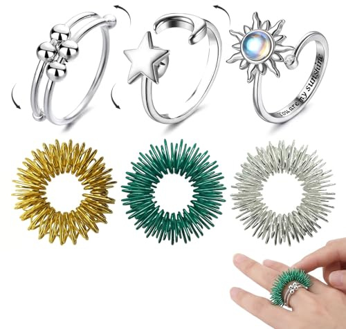 Set med 6 anti-stressringar, 3 roterande fidgetringar och 3 färgglada fjäderringar, öppen justerbar ring, bärbar för att lindra stress och ångest i vardagen
