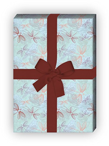 Set 4 Bogen: Schönes Natur Geschenkpapier, Dekorpapier, Papier zum Einpacken mit Libellen, blau grün, universal Packpapier um schöner zu schenken 32 x 48cm