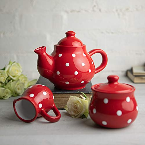 City to Cottage® - Kleines Tee Kaffee Set | Rot und Weiß | Polka Dots | Handgemacht | Keramik Teekanne Kaffeekanne 750 ml, Milchkännchen, Zuckerdose