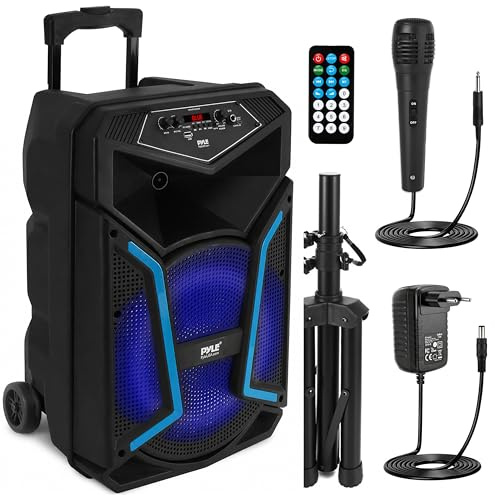 Pyle Sistema de Altavoces, PA, 800W, Bluetooth, Portatil, Microfono, Mando a Distancia, Luces, MP3, USB, Radio FM, Ruedas para facil Transporte