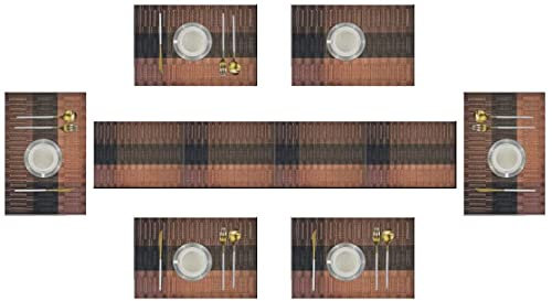 Eageroo Manteles Individuales Lavable marrón, Antideslizante Resistente al Calor para de PVC la Mesa de Comedor de Cocina, Vinilo Place Mats Juego de 6, 45x30cm (marrón + Camino de Mesa)