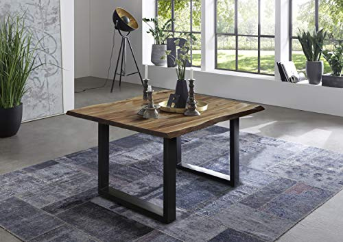 SAM Esszimmertisch 90x90 cm Quintus, echte Baumkante, Baumkantentisch naturfarben, massiver Esstisch aus Akazienholz, U-Metallgestell Schwarz | Baumkantentisch massiv, Akazienholz naturfarben, Metallgestell
