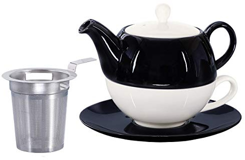 Buchensee Tea for One mit Sieb Lena 500ml aus Crystal Bone China Porzellan in schwarz-weiß. Teekanne + Teetasse + Untersetzer + Sieb