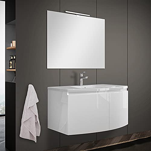 Inbagno Mobile Bagno sospeso Curvo 80 cm, 2 Ante con Chiusura Ammortizzata, lavabo e Specchio Inclusi (Bianco Lucido)