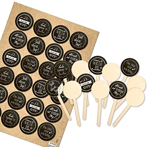 Logbuch-Verlag 12 Cake Topper aus Holz mit Sprüche Aufklebern schwarz weiß - Muffin Cupcake Stecker 9 cm Ø 4 cm