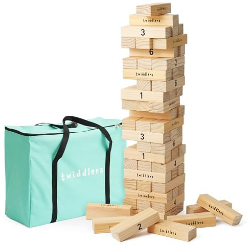 THE TWIDDLERS XXL Riesen Wackelturm aus Holz mit 64 Blöcken & Tragetasche (Stapel bis 1,5 m) - Riesiges Prämie Indoor & Outdoor Holzturm Gartenspiel für Kinder, Erwachsene & Familie
