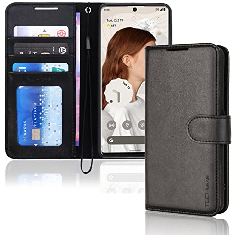 TECHGEAR Pixel 7 Pro Leather Wallet Case, Flip Protective Case Cover with Wallet Card Holder, Stand and Wrist Strap - Black PU Leather with Magnetic Closure Designed For Google Pixel 7 Pro