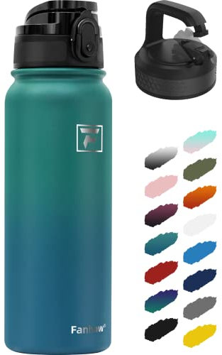 Fanhaw 600ml Trinkflasche Edelstahl mit 2 Deckel (Chug Deckel & Karabiner Deckel) - Für Schule, Kinder, Frauen, Männer | Auslaufsicher & Schweißfest mit Anti-Staub Deckel (Grün Blau)