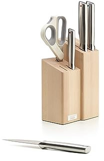 Joseph Joseph Fusion 5-tlg. Messerset mit Küchenmesser, Hackmesser und Schere, Buchenholz-Messerblock