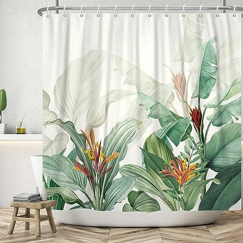 ASDCXZ Blätter Duschvorhang 180x200 cm, Handgemalt Tropisch Grün Blätter Rot Gelb Blumen Weiß Bad Waschbar Duschvorhänge Polyester Textil Wasserdicht Badevorhang für Badewanne mit 12 Haken