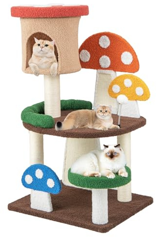 COSTWAY Kratzbaum in Pilzoptik, Katzenbaum mit Katzenhöhle & Sisal-Kratzbrett & Spielball, Kletterbaum Teddystoff, Katzen Katzenmöbel, Katzenkratzbaum Holz, 59x48x102cm, Bunt
