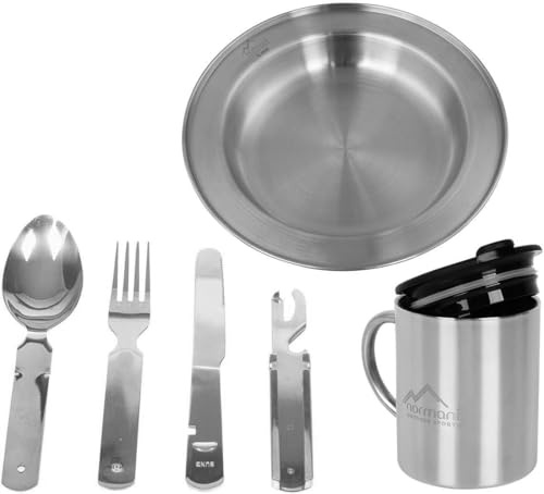 Outdoor Kochgeschirr Besteck-Set Campinggeschirr 8-Teiliges Edelstahl Reisebesteck - Outdoor Teller - 5-1 Bundeswehr Besteck - Thermotasse mit Deckel und Dosen- Flaschenöffner