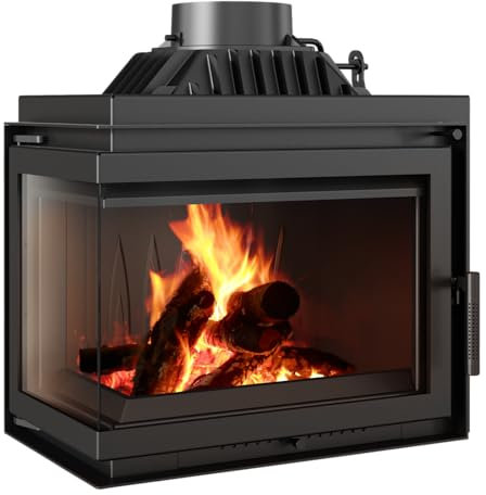 KRATKI Simple Kamineinsatz 8 kW – Eckiger Holzofen mit doppelseitiger Sichtscheibe, Ø 180 mm – Kaminofeneinsatz aus Gusseisen, BImSchV 2 & ECODESIGN - 80% Wirkungsgrad, Türöffnung Links