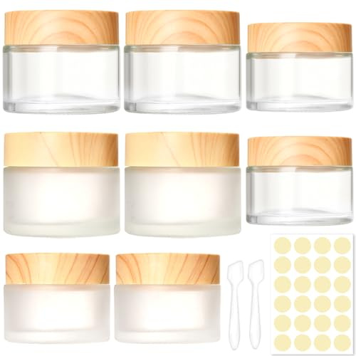 PIWOSGOL 8 Stück Glas Döschen, 30ml 50ml Leer Dosen, Kleine Cremedose Leerdose Klarer Tiegel, Creme behälter mit Deckel aus Holzmaserung, Mattiert Glastiegel für Kosmetik Lippenbalsam Lotion Cremes