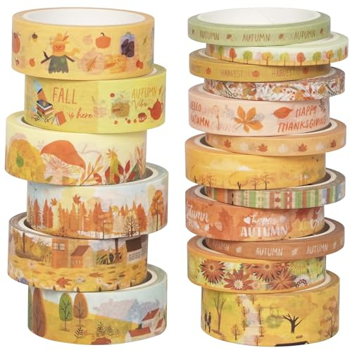 YUBX Herbst Washi Tape Set 18 Rollen Masking Tape Herbstliche bedruckte Verzierung Gelb Dekoratives Klebeband Bunt für DIY Handwerk Bullet Journals Planer Scrapbooking Verpackung