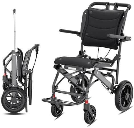 Hopelight Ultraleichter Transportrollstuhl, faltbar, ergonomischer Reiserollstuhl, tragbarer Klapprollstuhl mit Teleskopgriff, Tragkraft 100 kg