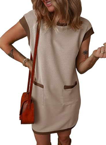 Dokotoo Summer Dresses for Women 2026 Fashion Short Sleeve Color Block Shift Tshirt Womens Casual Cap Sleeve Beach Vacation Clothes for Women Mini Dress Khaki Medium