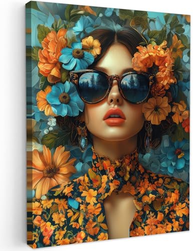 MuchoWow© Leinwandbild Dekoration Wohnzimmer Bilder Pictures Wall - Modern | 60x80 cm - Decoration Living Room Wohnungs Deko Moderne Bild Frau - Blumen - Orange - Blau