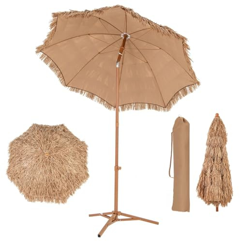 KOMFOTTEU 218 cm Sonnenschirm Hawaii, Strandschirm mit Tragetasche & klappbarem Fuß, Sonnenschirm exotischer aus Strohimitat, Strohschirm faltbar für Garten, Balkon, Strand