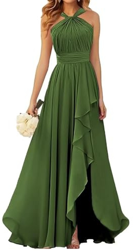 HPPEE Halter Bridesmaid Dresses Olive Green for Wedding Party Ruched Summer Chiffon Formal Evening Dress UK16