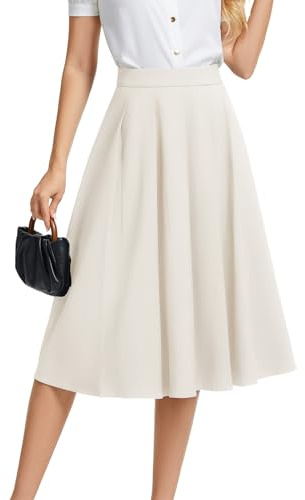 DRESSTELLS White High Waist Pleated Midi Skirt for Women UK, Flowy A-Line Knee-Length Skirt, 2026 Spring Fashion Dates Bussiness Office Uniform, Beige S