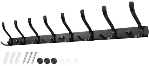Sevenpers 3-in-1 Garderobenhaken Metall Schwarz Kleiderhaken mit 24 Haken | Garderobenleiste für Jacken, Mäntel, Taschen, Hüte, Schlüssel – Hakenleiste Wandgarderobe für Garderobe, Flur, Bad