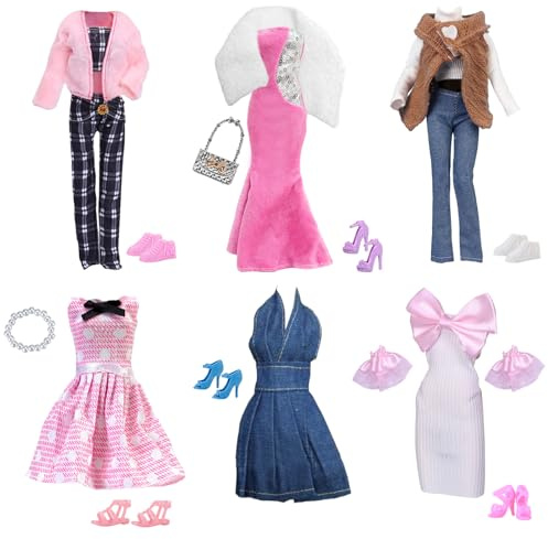 19 Doll Clothes Compatible with Barbie Doll Include Fishtail Dress Set Plush Vest Set Plush Jacket Set Polka Dots Dress Bow Dress Denim Dress 2 Accessories 7 Shoes for 11.5 Inch Dolls Girls Gift