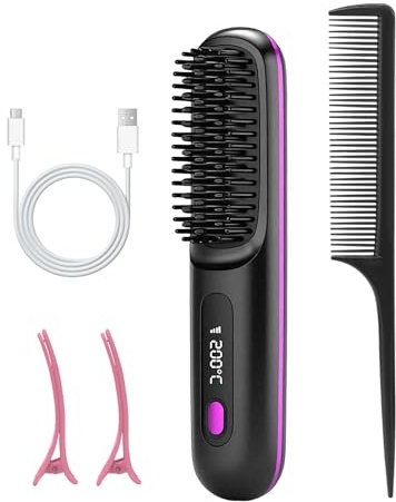 Glättbürste Kabellos-Glätten, Locken, Trocknen, Wiederaufladbare Haarglätter Bürste, Mini-Heißkamm mit LED Anzeige und 3 Wärmestufen, Tragbare Glättbürste für alle Haartypen (Schwarz)