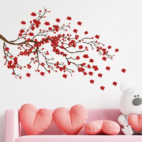 FUFUQUARE Adesivi Murali di Fiori di Prugna Rossa Decalcomanie Murali di Inchiostro Cinese Peel e Stick Decor Rimovibili per Soggiorno Camera da Letto Divano TV Sfondo