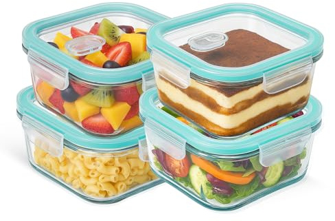CHEFZOCO Fiambrera de Cristal cuadrado, Recipientes de Cristal para Alimentos, Cierre Hermeticos con Tapa, Reutilizables, Apto Lavavajillas y Microondas, Libre de BPA, Capacidad 1200 ml, Pack 4 uds