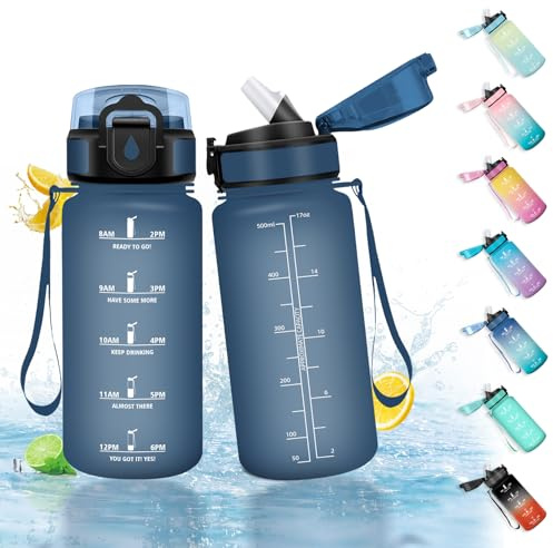 HoneyHolly Borraccia 500Ml, Senza BPA & A Prova di Perdita, Borraccia con Cannuccia, Reutilizables, Bottiglia Scuola Elementare, Borracce Motivazionale per Scuola, Running, Palestra, Ufficio
