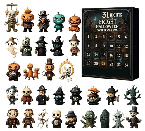 31 Nights of Fright, Halloween Countdown Box with Figurines, Halloween Advent Calendar 2025 Gift Box,Hanging Charms & Mini Decorations H-alloween Ghost Pumpkin Party Favors (A)