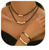 Black Woven Leather Necklace Wax Rope Chain for Women Simple Stylish Silver Cylindrical Bamboo Pendant with Wax Thread Necklace Double Layer Minimalist Pendant Black Necklace Bracelet Set for Women (02-set gold)