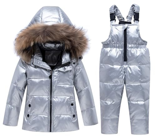 Toddler - Chaqueta de nieve de 2 piezas para bebé, niño y niña, con capucha para invierno, con mono de esquí, ropa cálida para exteriores, plata, 4-6 Años