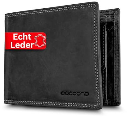 Cocoono Geldbörse aus Echtleder mit RFID-Schutz – Klassisches Portemonnaie/Geldbeutel Herren mit Münzfach, Reißverschlussfach & Kartenfächern – Robustes Leder Portmonee Herren in (Schwarz, 12cm)
