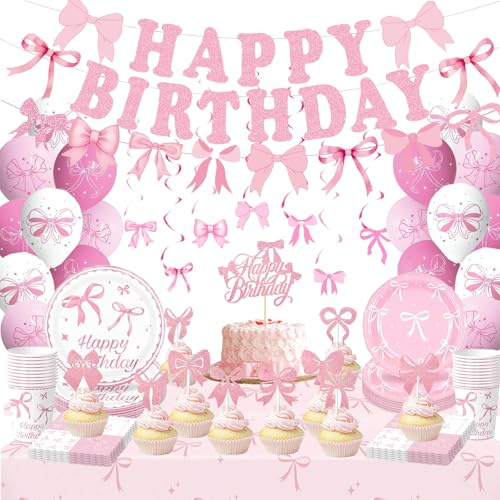 LUKIUP 109 stycken rosa rosetter design festservis set, födelsedag fest porslin set, födelsedag dekoration inklusive tallrik koppar servetter bordsduk tårtdekoration banderoll för flickor