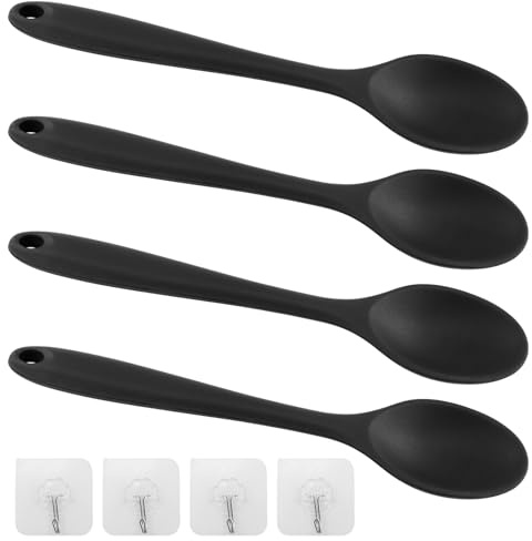 Set di 4 cucchiai da cucina in silicone nero, 20,5 cm, piccolo mestolo infrangibile, resistente al calore con 4 ganci, cucchiai riutilizzabili, per cucina