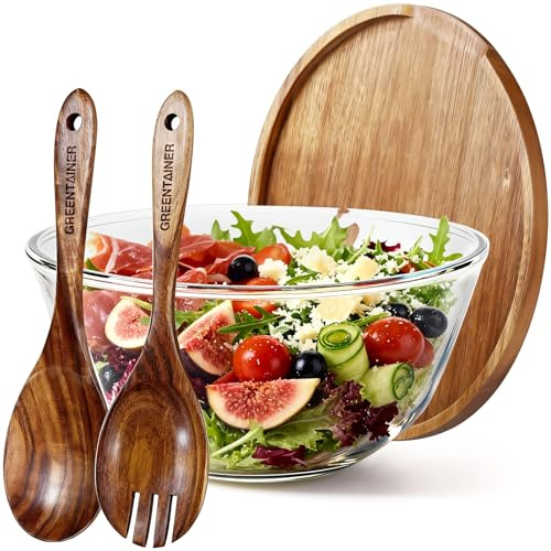 Greentainer Juego de ensaladera de 4 piezas, cubiertos para ensalada con cuenco para ensalada, cuenco redondo, ensaladera de cristal, apto para lavavajillas